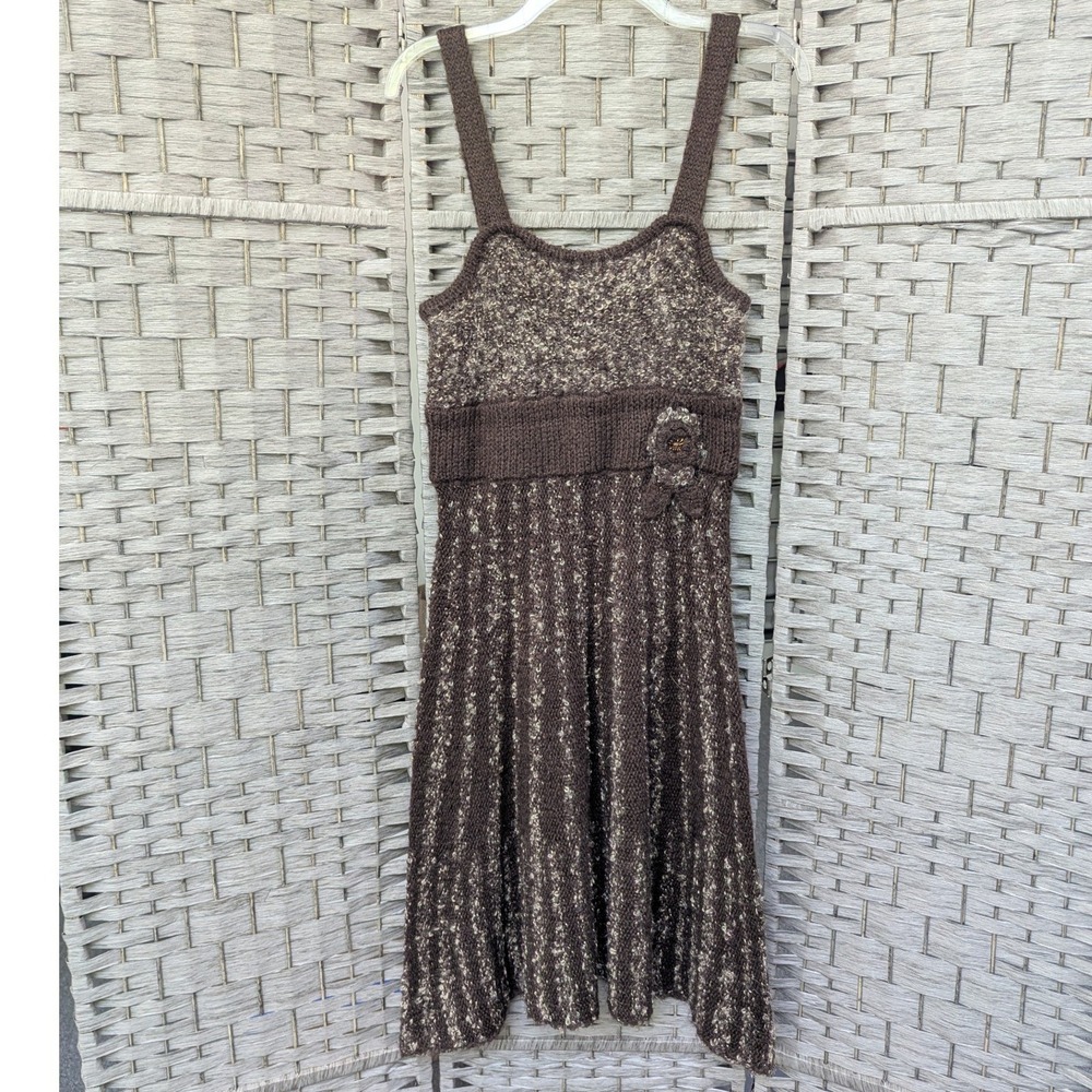 Vtg Y2K BCBGMAXAZRIA Sweater Dress Brown Wool Mohair Knit Floral Applique Sz M
